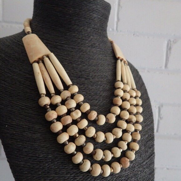 VINTAGE MONIES GERDA LYNGGAARD BUFFALO HORN TRIBAL FOUR STRAND NECKLACE - Picture 2 of 5